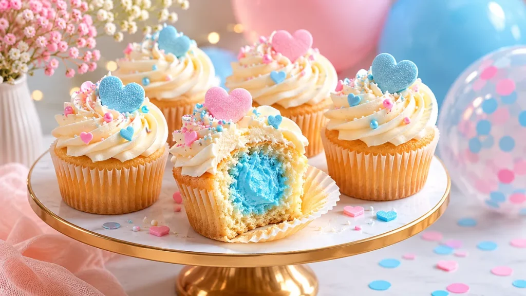Cupcakes gender reveal au glaçage blanc, l'un ouvert révélant un cœur rose ou bleu, présentés sur un présentoir pour baby shower