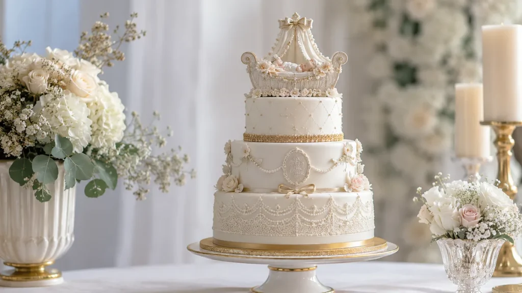 Pièce montée de baptême décorée d'un berceau, présentée à étages sur un présentoir, tons ivoire et pastel