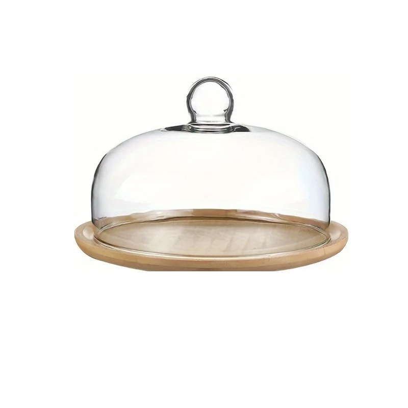 Présentoir à gâteau avec cloche en verre sur socle bambou 28 cm