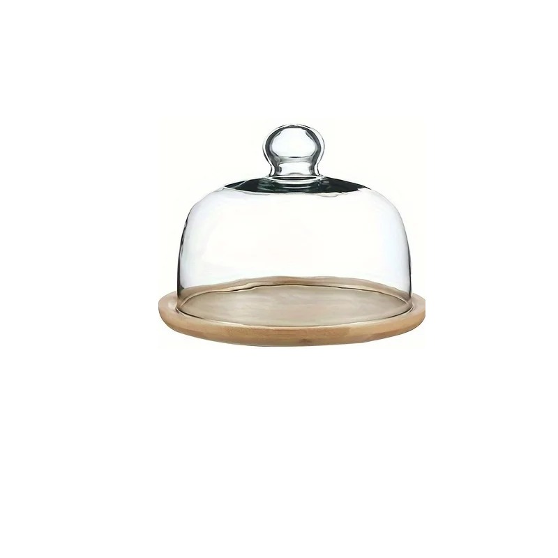 Présentoir à gâteau avec cloche en verre sur socle bambou 20 cm