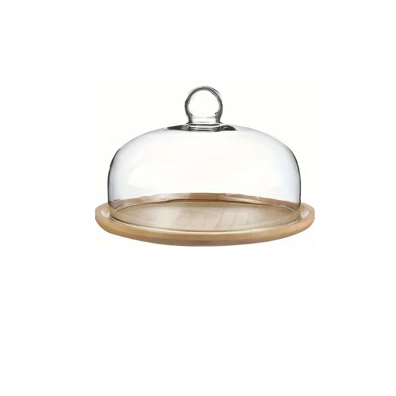 Présentoir à gâteau avec cloche en verre sur socle bambou 25 cm