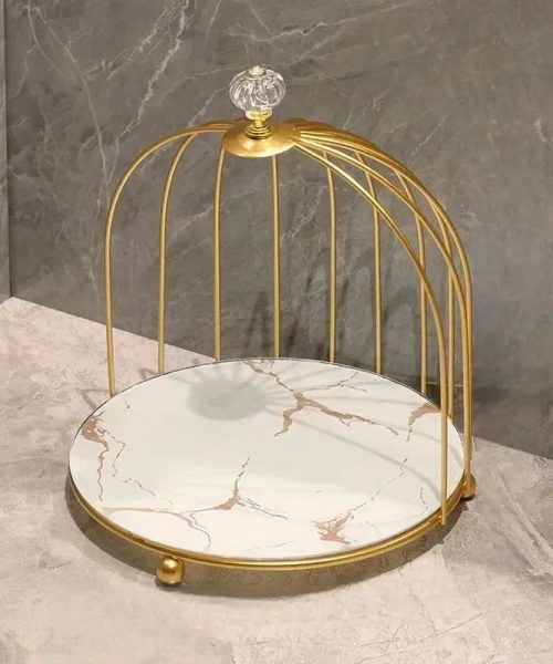 Présentoir à gâteau cage dorée plateau blanc
