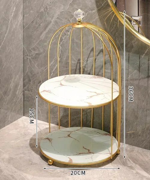 Présentoir à gâteau cage dorée plateau blanc double