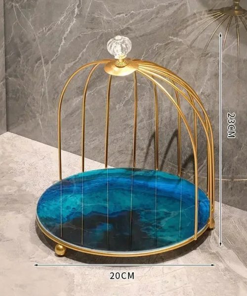 Présentoir à gâteau cage dorée plateau bleu