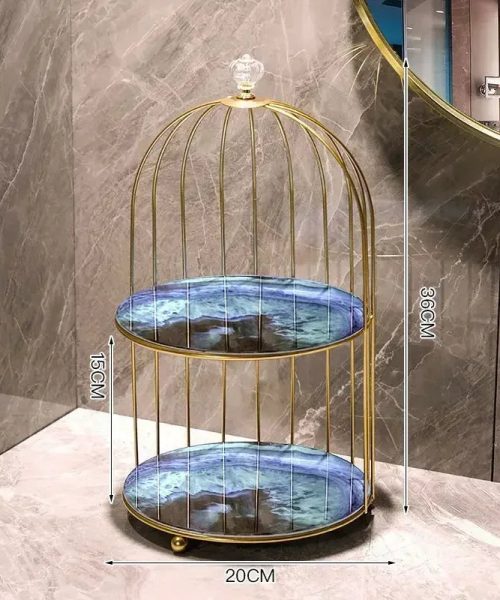 Présentoir à gâteau cage dorée plateau bleu double