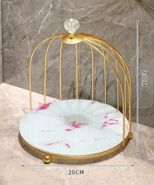Présentoir à gâteau cage dorée plateau blanc rose
