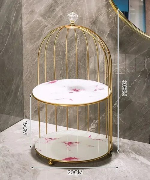 Présentoir à gâteau cage dorée plateau blanc rose double