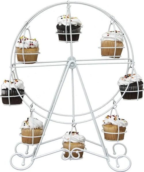 Présentoir à gâteau manège carrousel en métal blanc grande roue 8 cupcakes vue de face